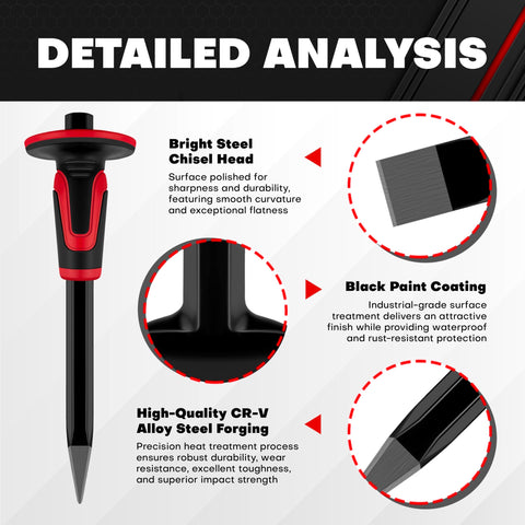C&T 3Pcs heavy duty masonry chisel set with 11-inch flat chisel for smooth flats