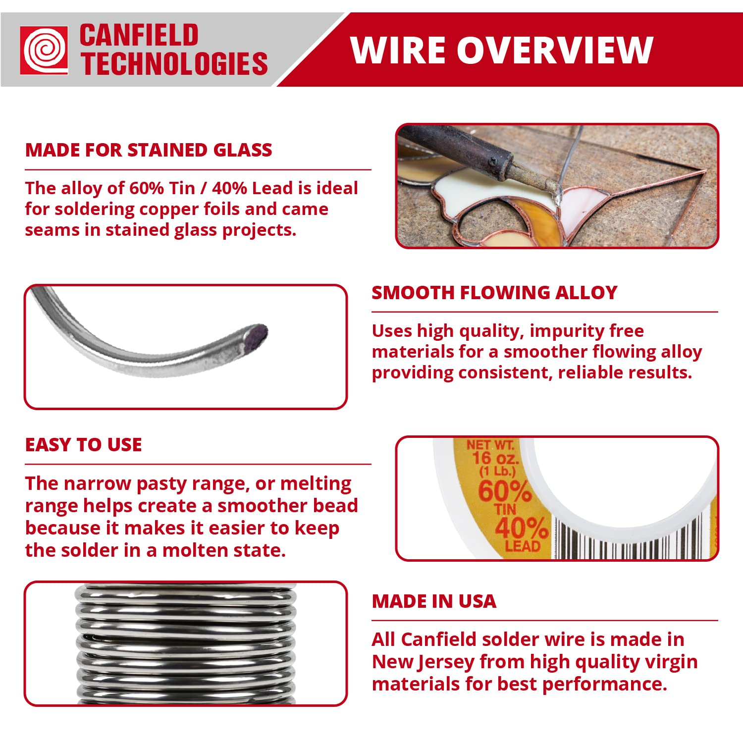Canfield 60/40 solder melt temperature range shown.