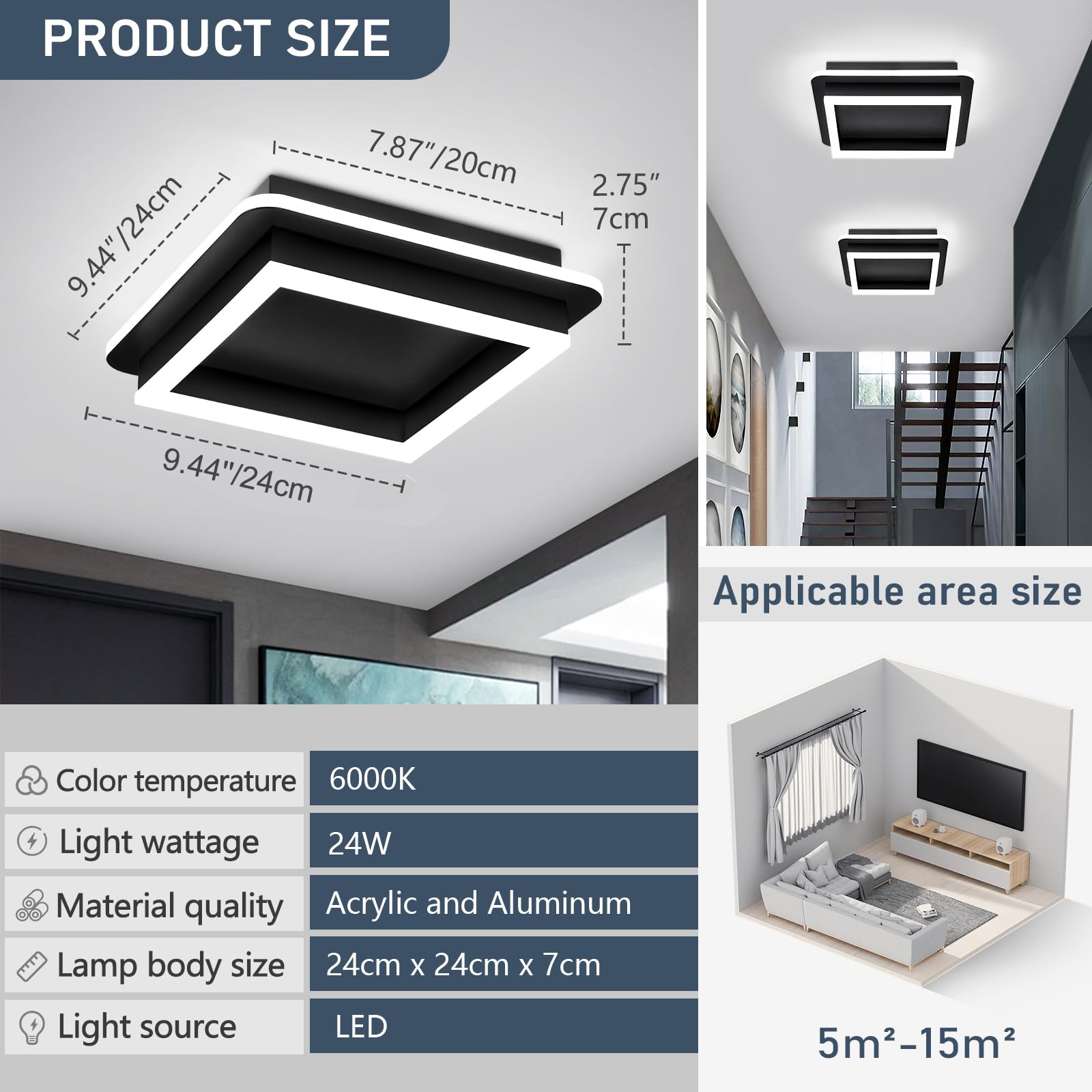CANEOE black square LED ceiling light side view showing compact flush profile