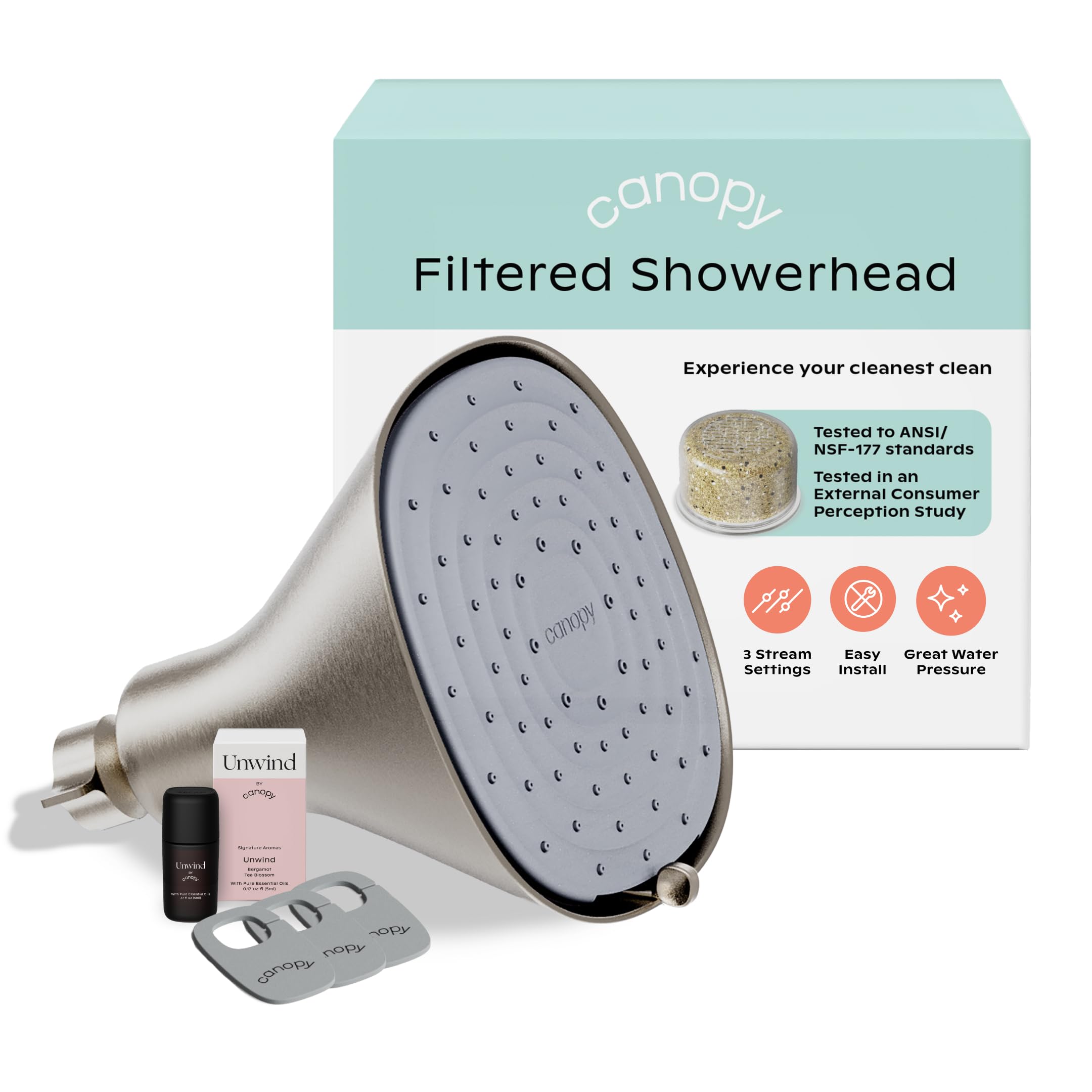Canopy Filtered Shower Head with adjustable spray settings for a spa-like rinse and softer water