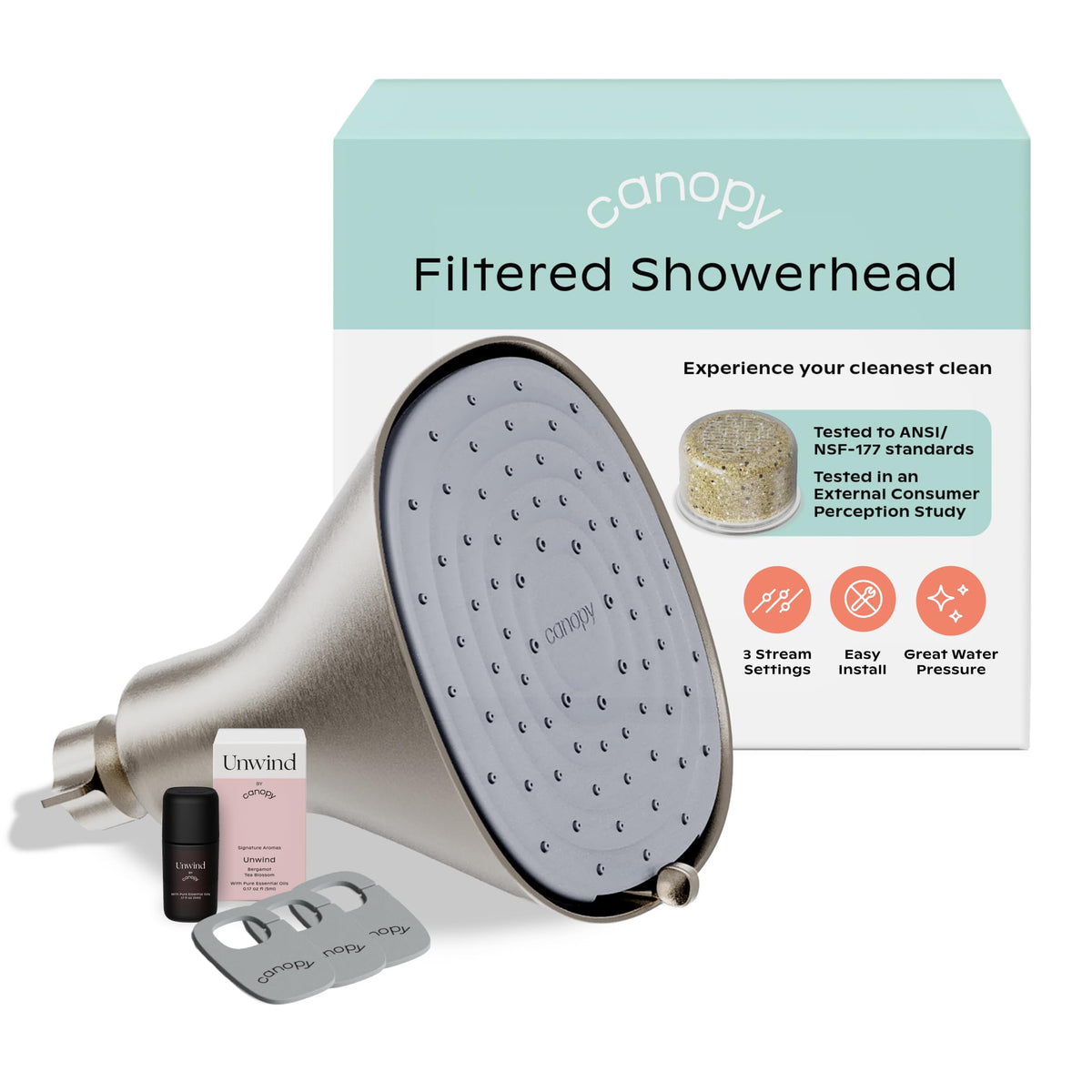 Canopy Filtered Shower Head with adjustable spray settings for a spa-like rinse and softer water