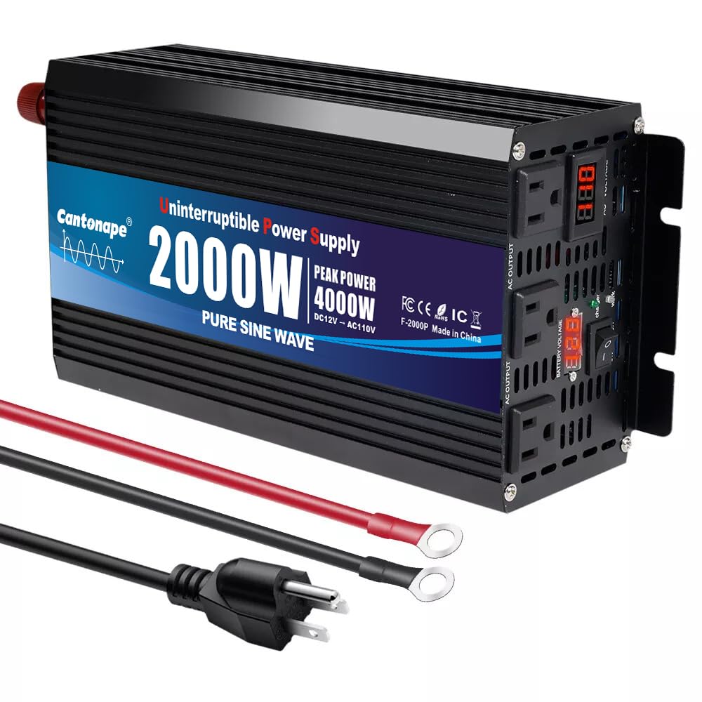Cantonape 2000W sump-pump backup system status display shows power status during outages.