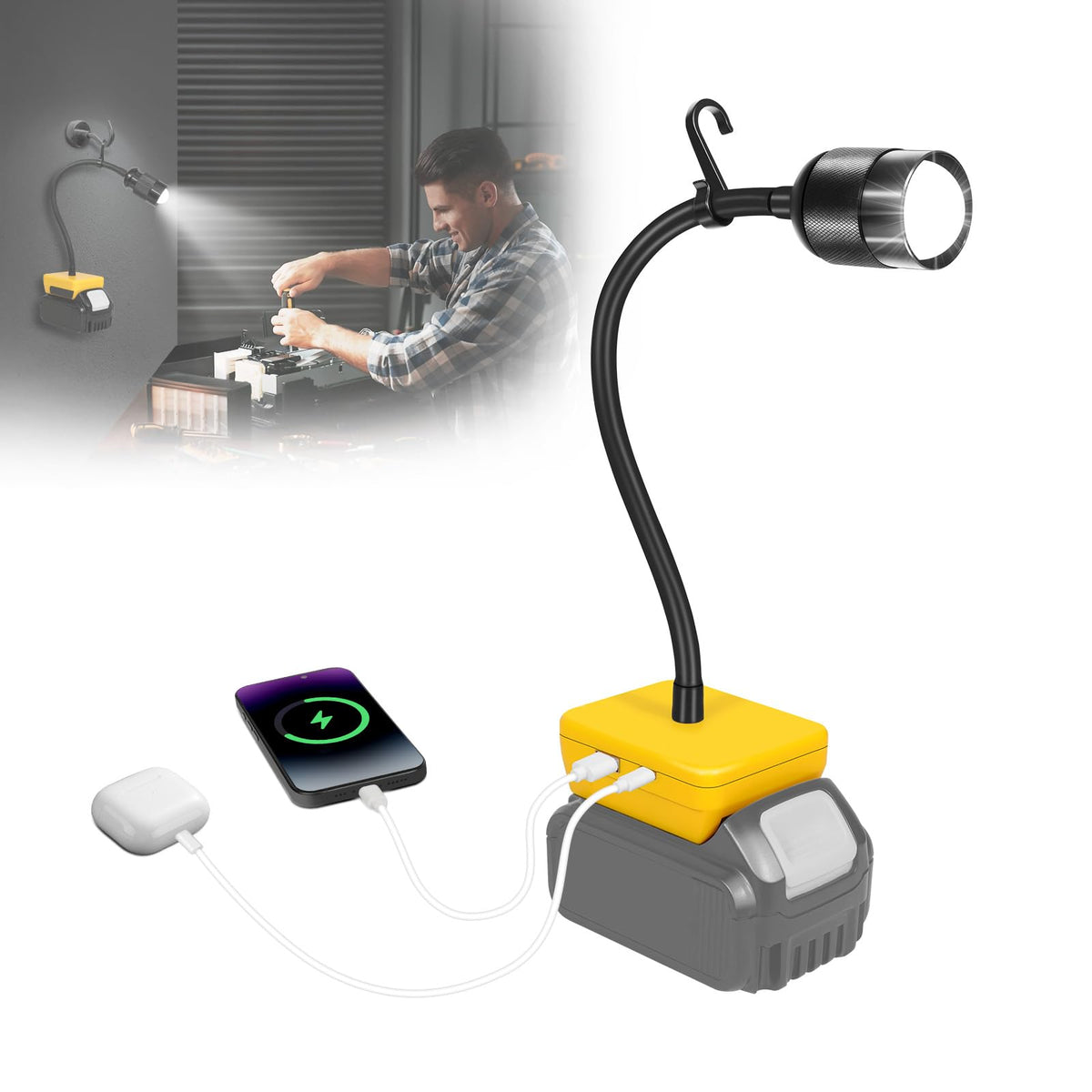 Canvage LED work light with zoom lens for precise spot and flood illumination.