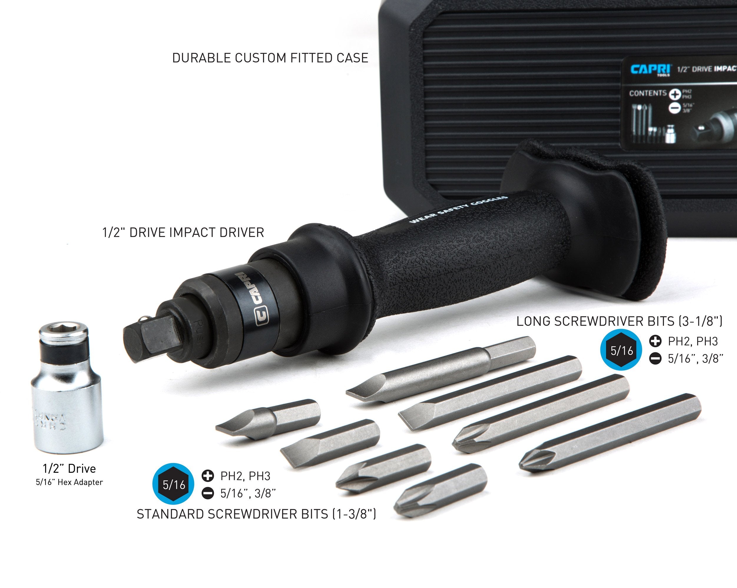 Capri Tools 1/2 drive adapter attached for versatile socket compatibility.