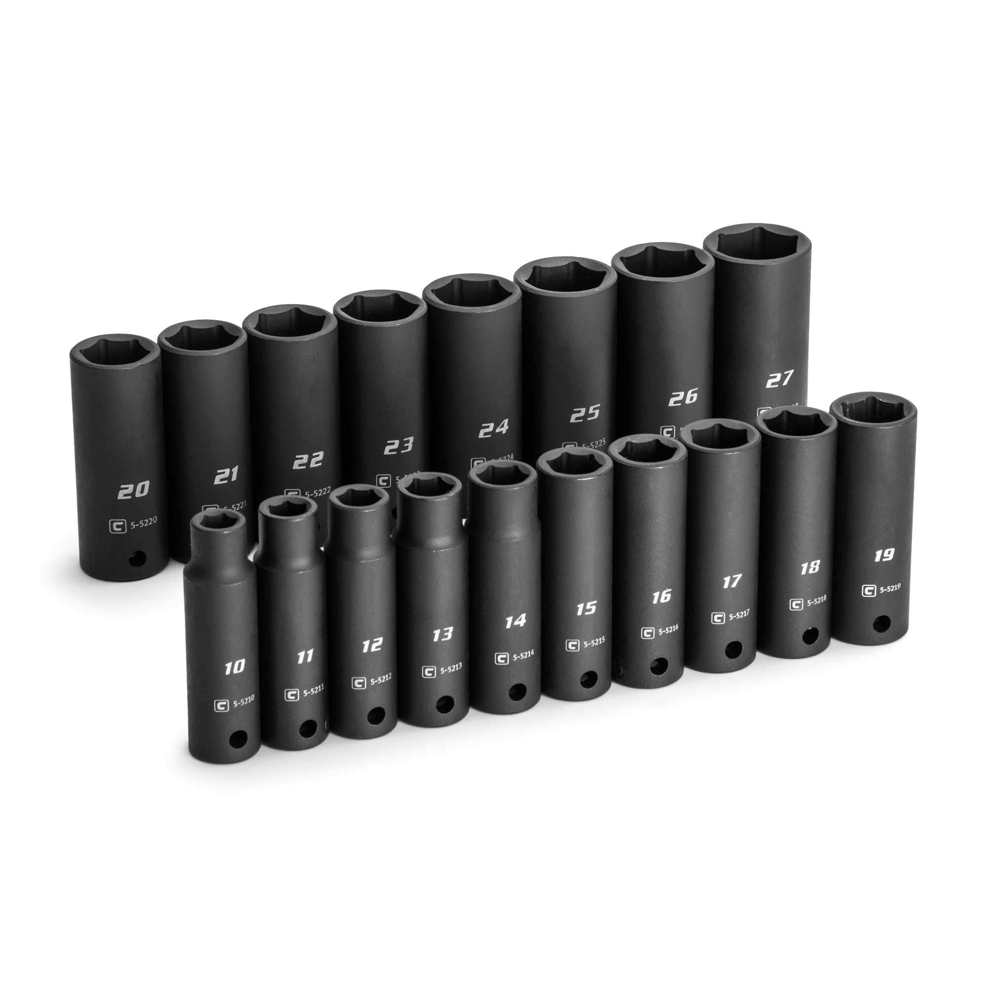 Capri Tools 1/2 in drive deep socket set showing metric sizes 10-27 mm for heavy-duty use.