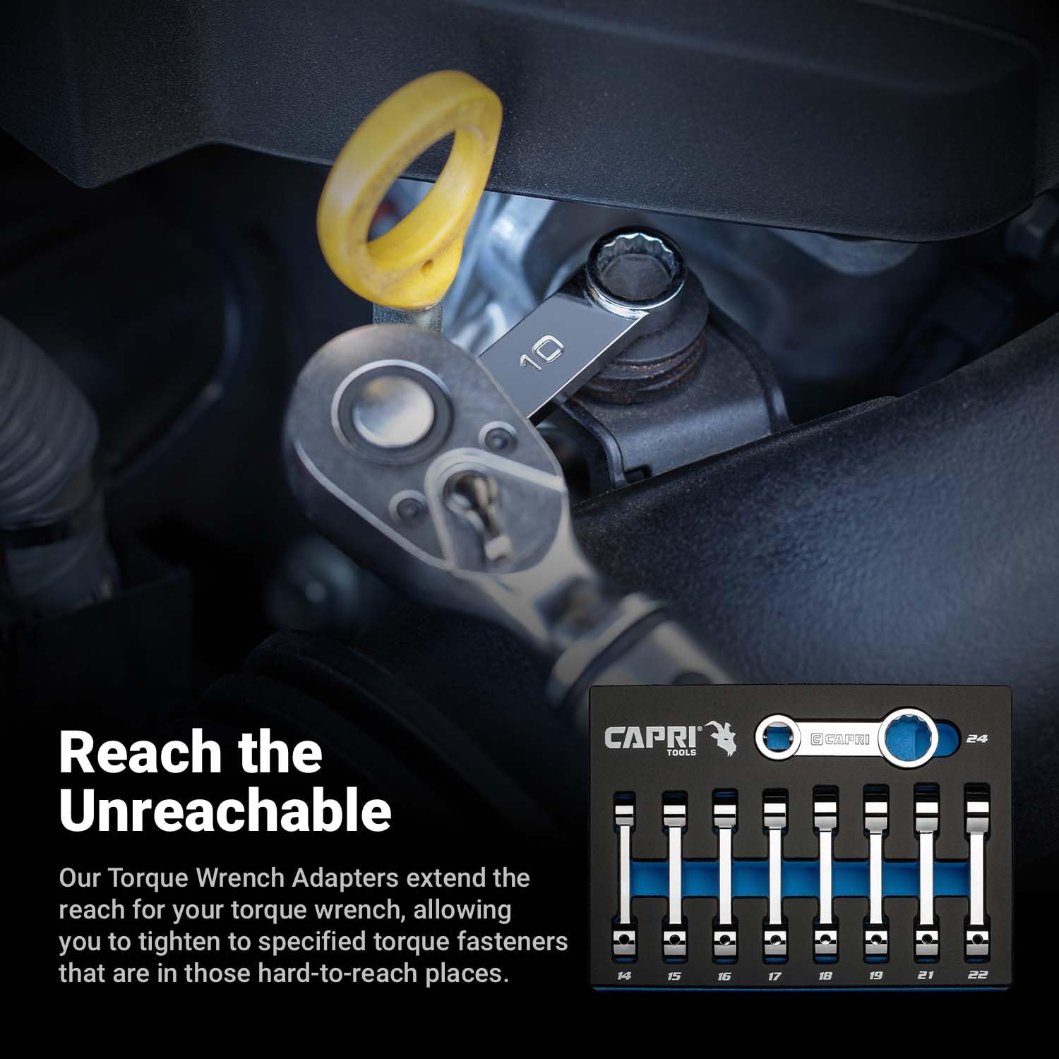 Capri Tools 15mm torque adapter enables precise torque in hard-to-reach spots