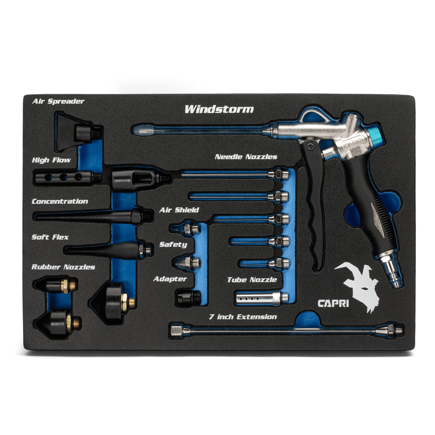 Capri Tools 2-Way Air Blow Gun kit front view for versatile cleaning.