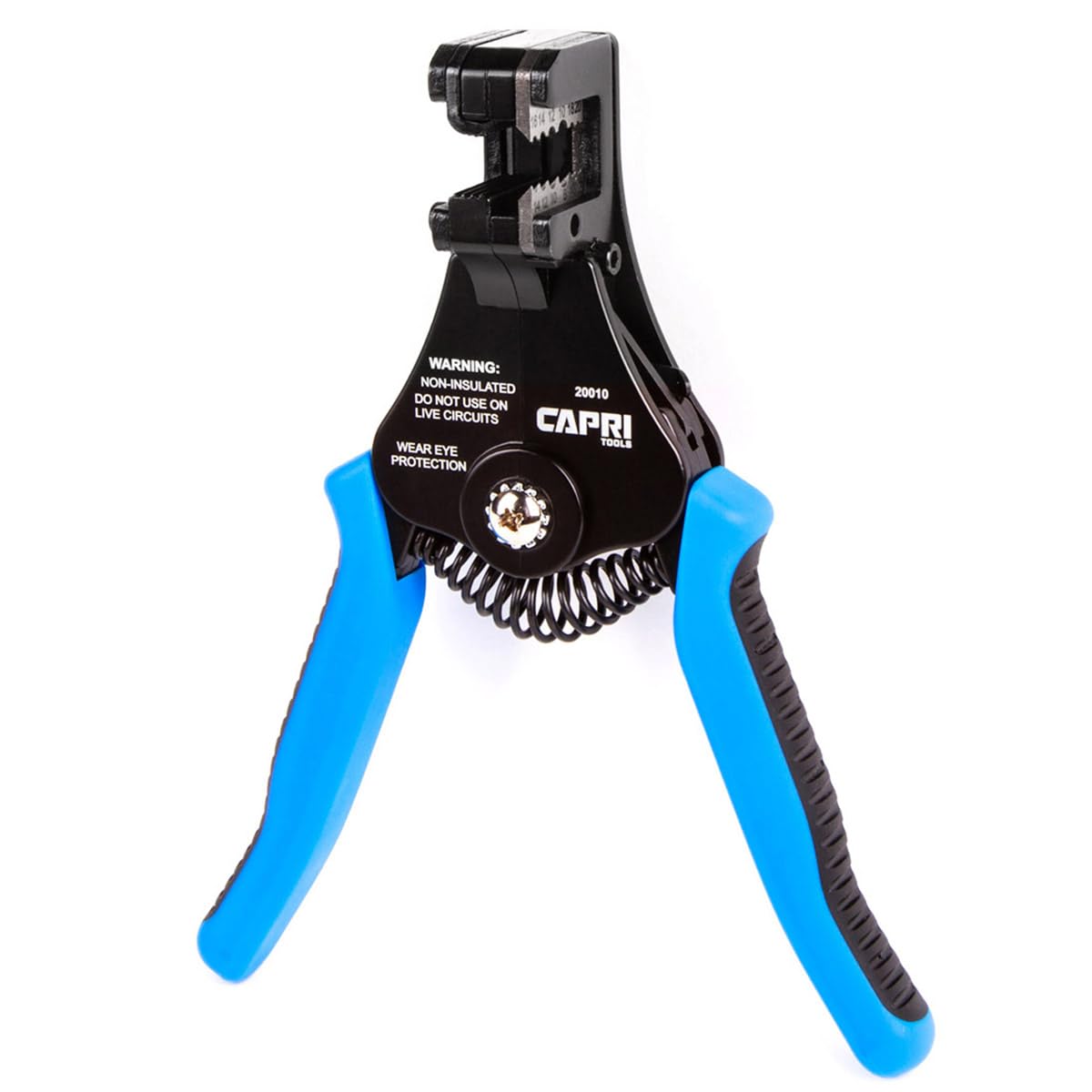 Capri Tools 20010 precision wire stripper removes insulation cleanly on 22–8 AWG wires.