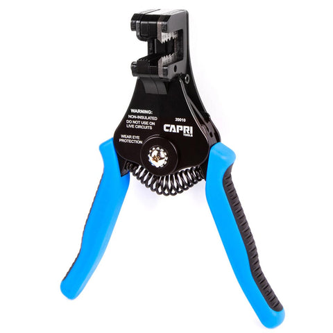 Capri Tools 20010 precision wire stripper removes insulation cleanly on 22–8 AWG wires.