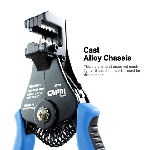 Capri Tools 20010 tension-loaded wire grip ensures secure handling during stripping.