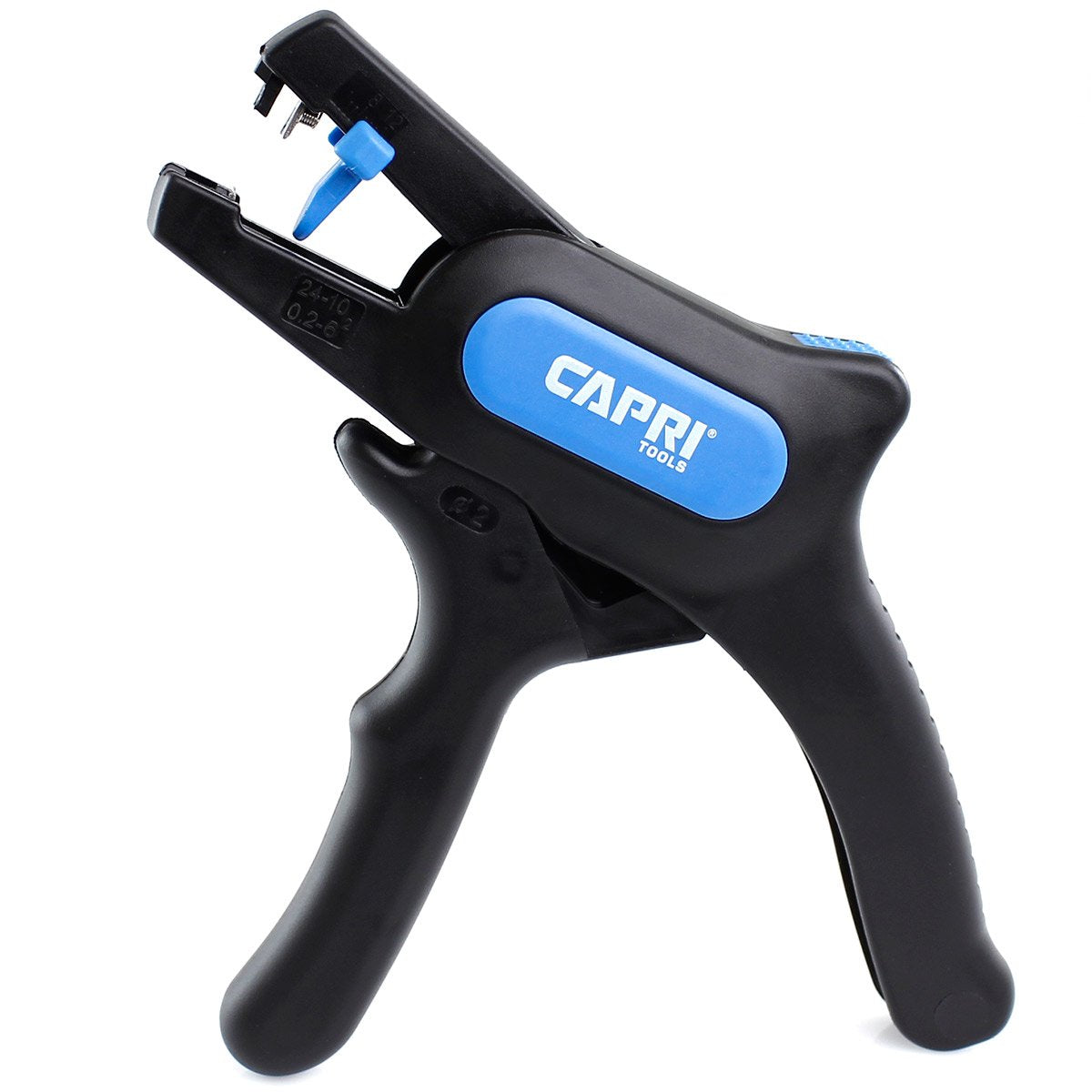 Capri Tools 20011 automatic wire stripper in hand with narrow profile for tight spaces