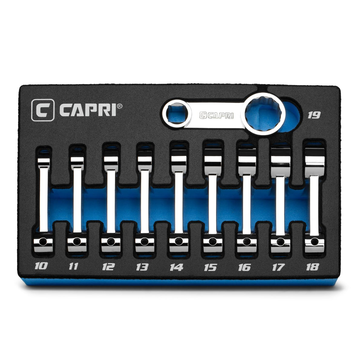 Capri Tools 3/8 drive torque adapter with 12-point box end in angled view for tight spaces