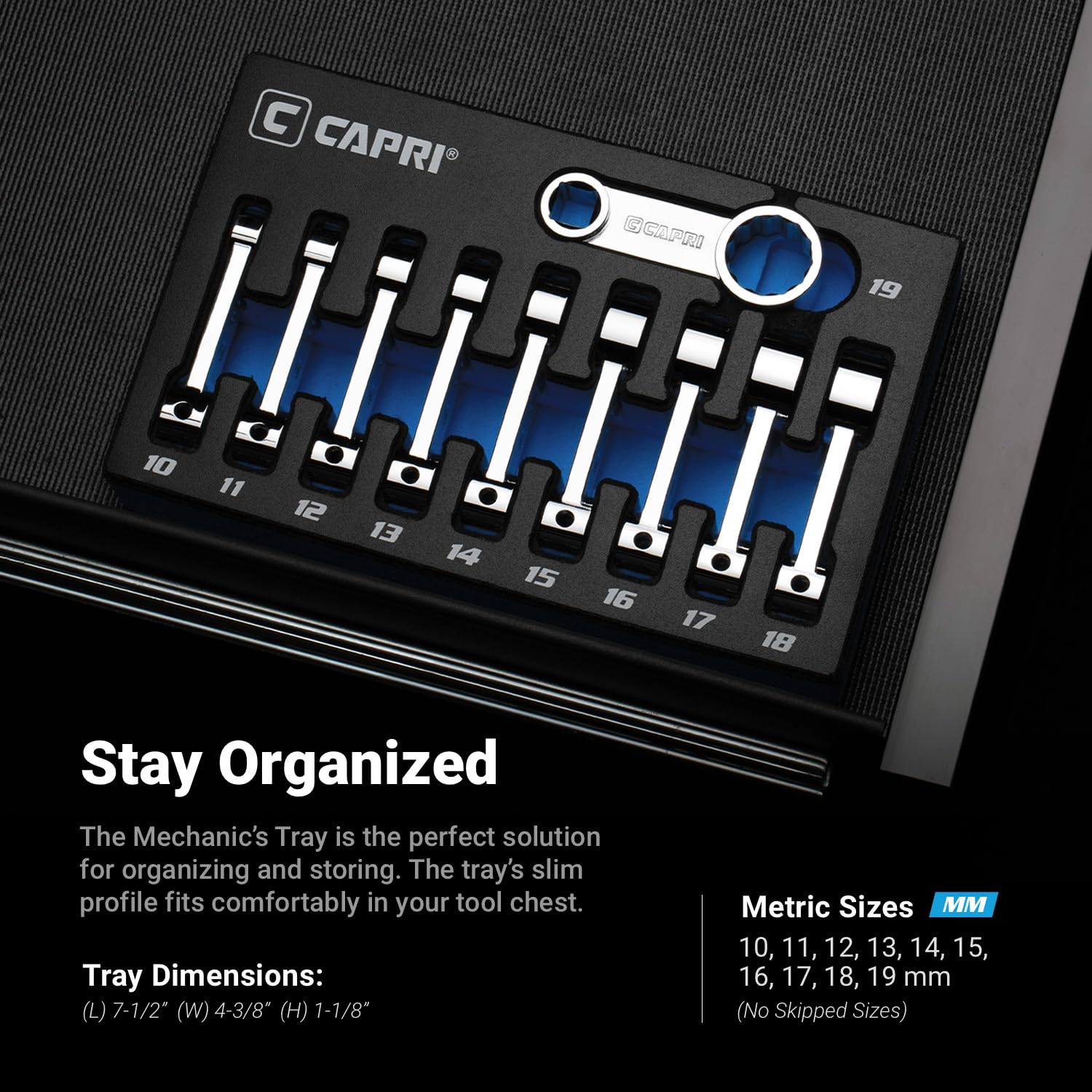 Capri Tools 10-piece set fits smoothly in tool chests and cabinets