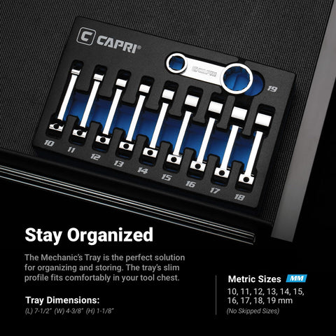 Capri Tools 10-piece set fits smoothly in tool chests and cabinets