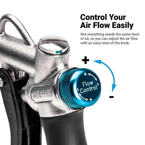 Capri Tools air blow gun reaches 150 PSI for stubborn debris.