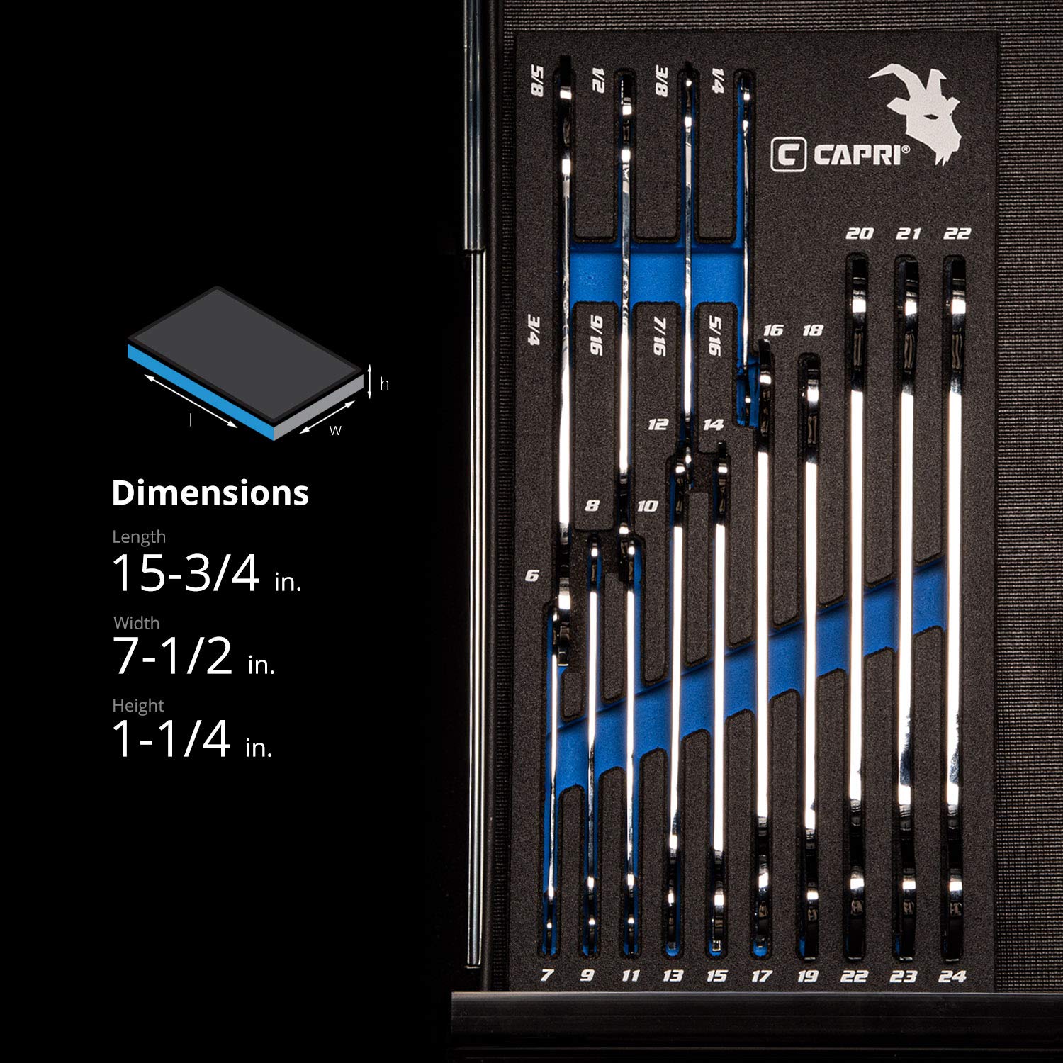 Capri Tools 15-degree angled-head wrenches enable smooth re-engagement in tight spaces.