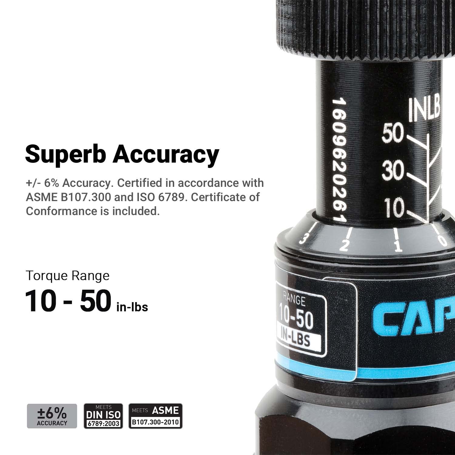 Capri Tools CP21075 precision graduations image highlights 1 in-lb increments for fine control