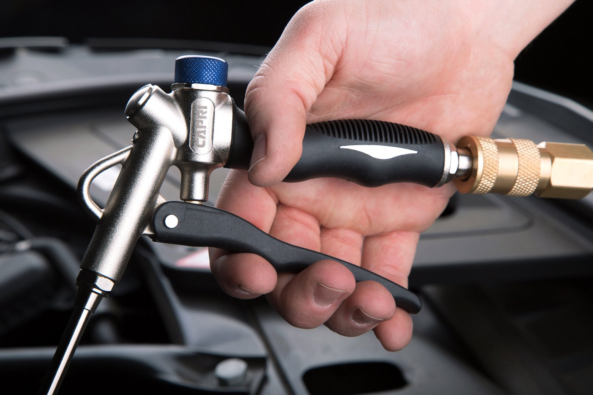 Capri Tools extended 4.5 inch nozzle reaches tight spaces.