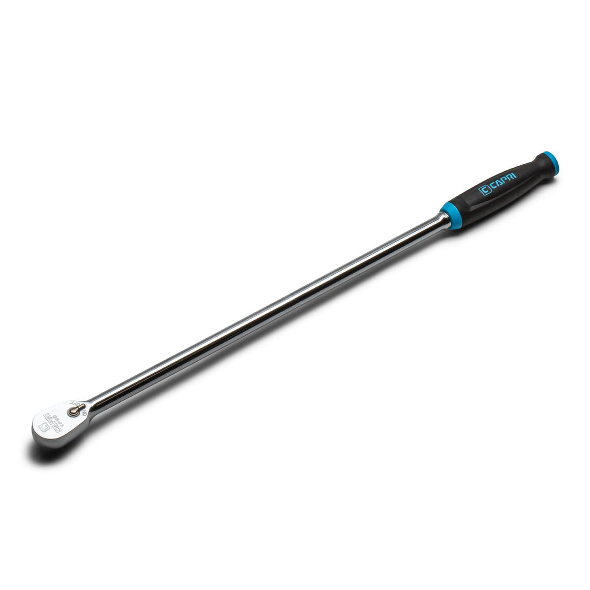 Capri Tools fine 90-tooth ratchet close-up shows 4-degree swing for tight spaces.