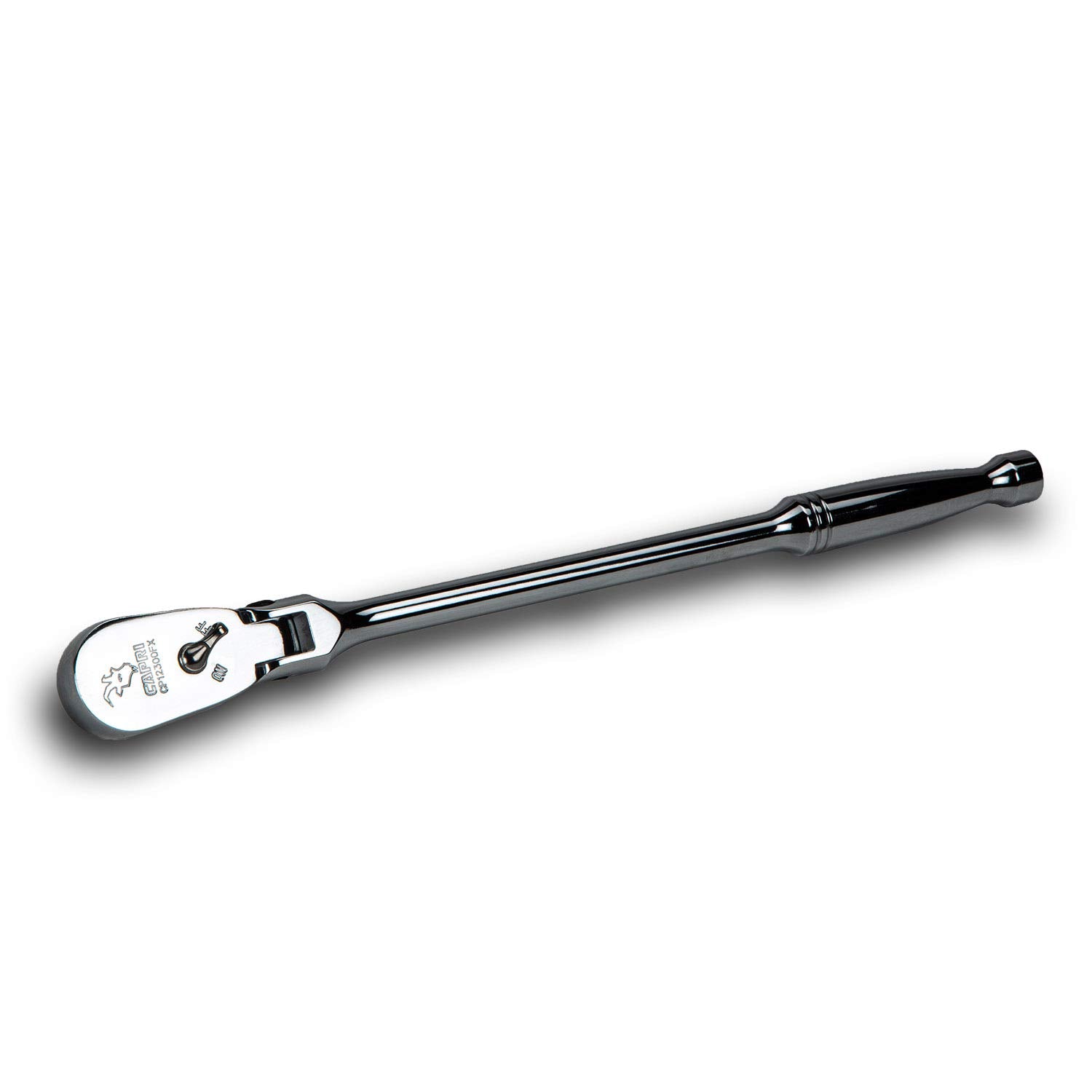 Capri Tools low-profile flex-head ratchet angle view showing compact design for tight spaces.