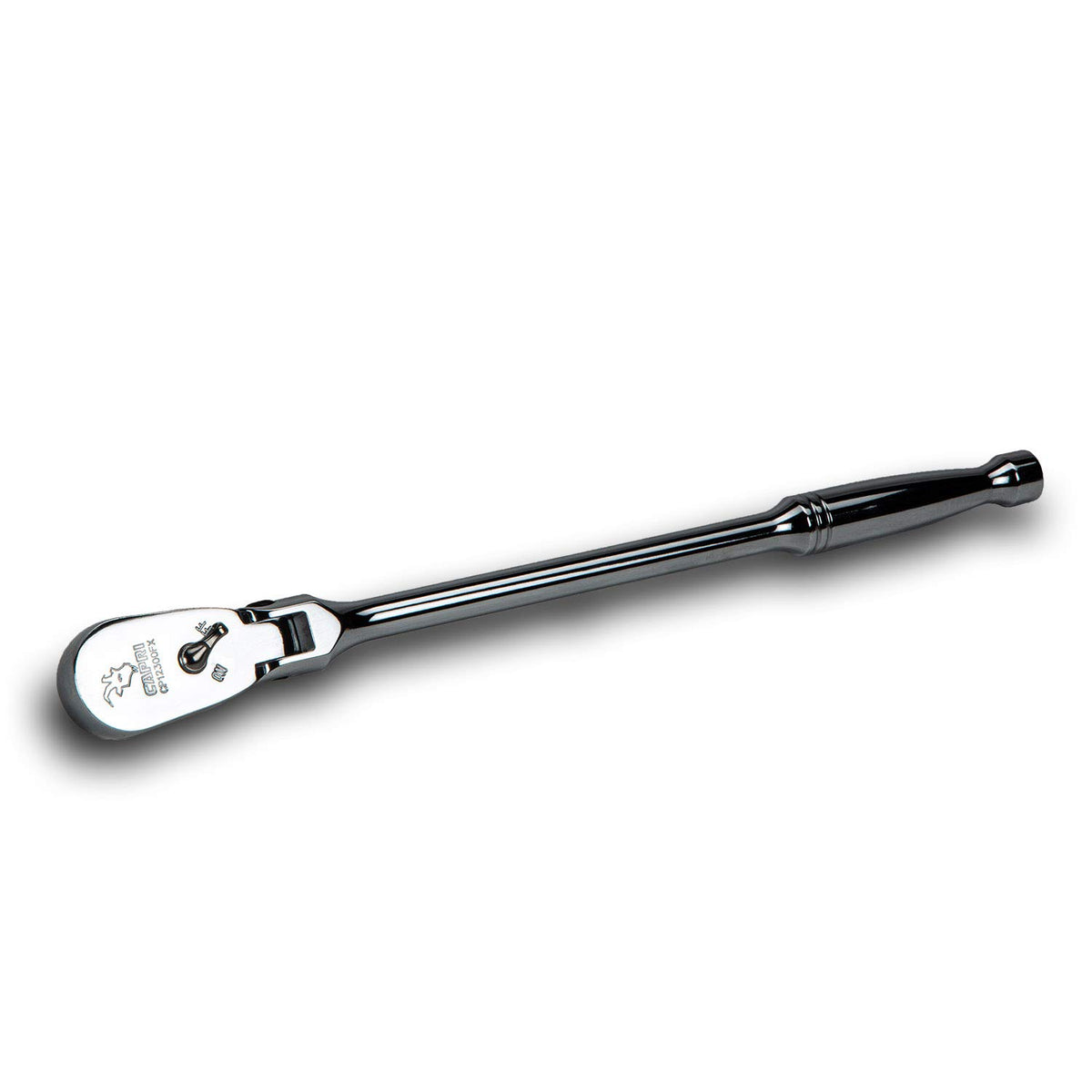Capri Tools low-profile flex-head ratchet angle view showing compact design for tight spaces.