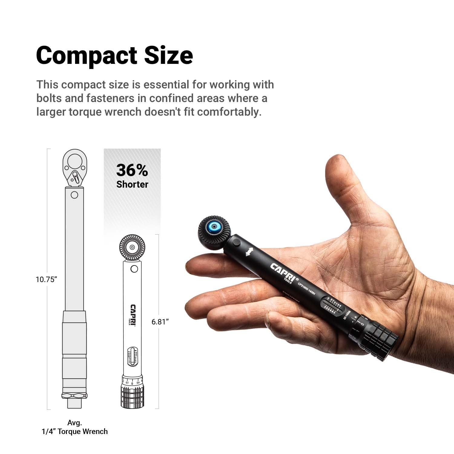 Capri Tools mini torque wrench dial highlights precise torque of 30-140 in-lb.