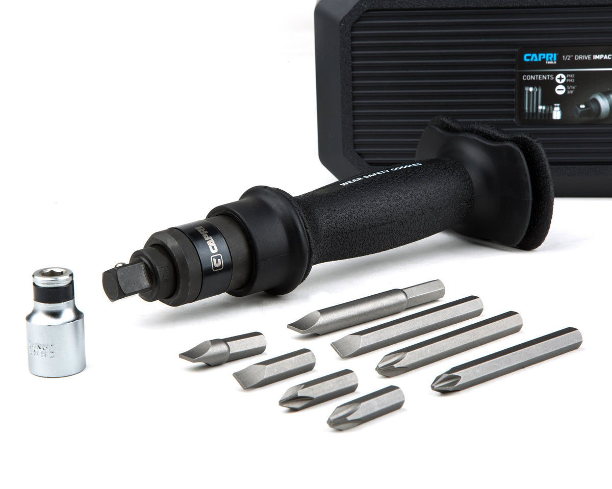 Capri Tools premium impact screwdriver set in use for brake caliper work.