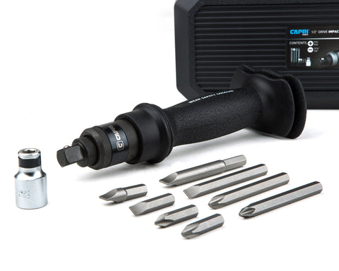 Capri Tools premium impact screwdriver set in use for brake caliper work.