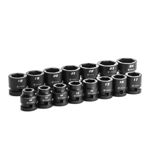 Capri Tools stubby impact socket set in 10–24 mm for tight spaces and high-torque tasks.