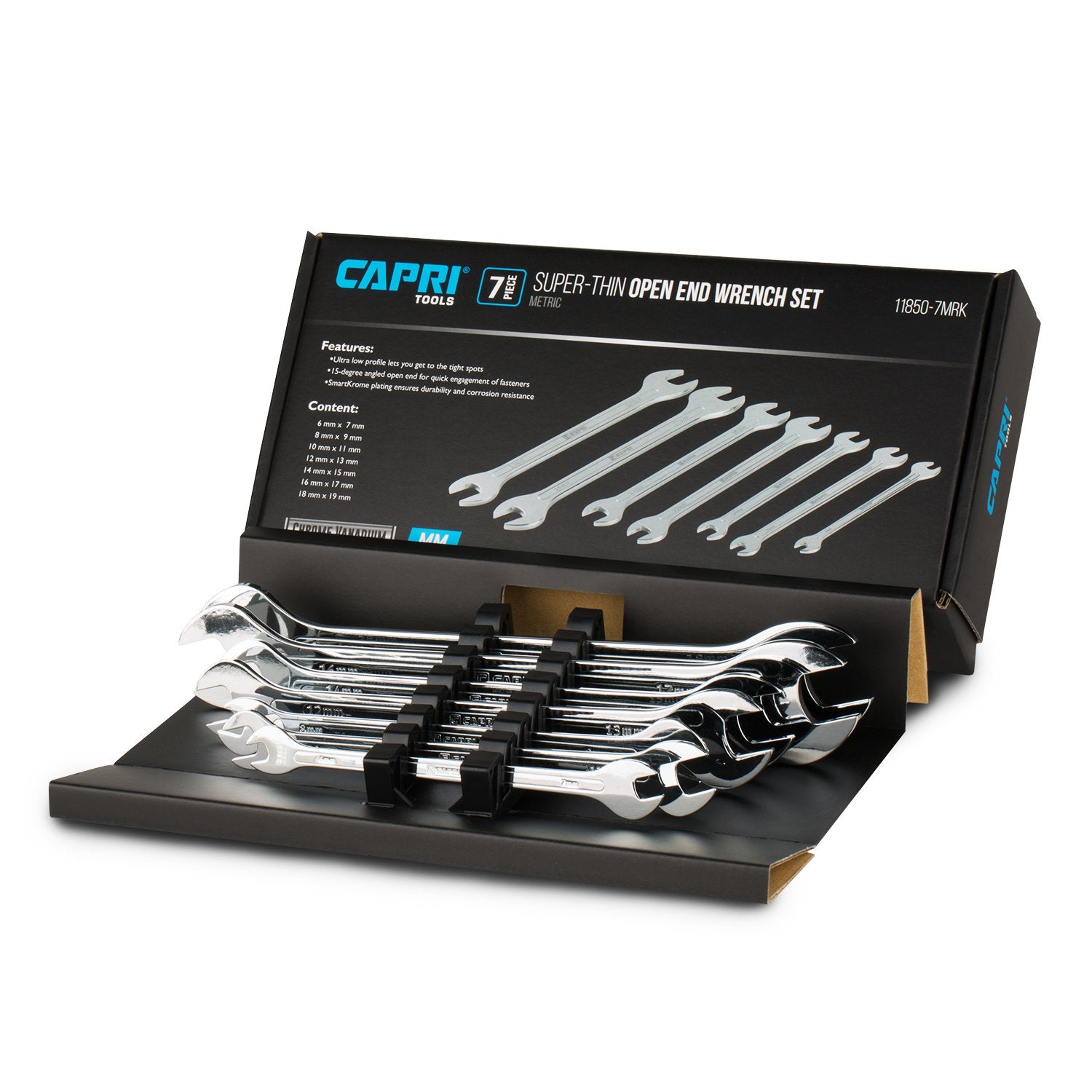 Capri Tools Super-Thin Open End Wrench Set closeup shows ultra-thin profile ideal for tight spaces.