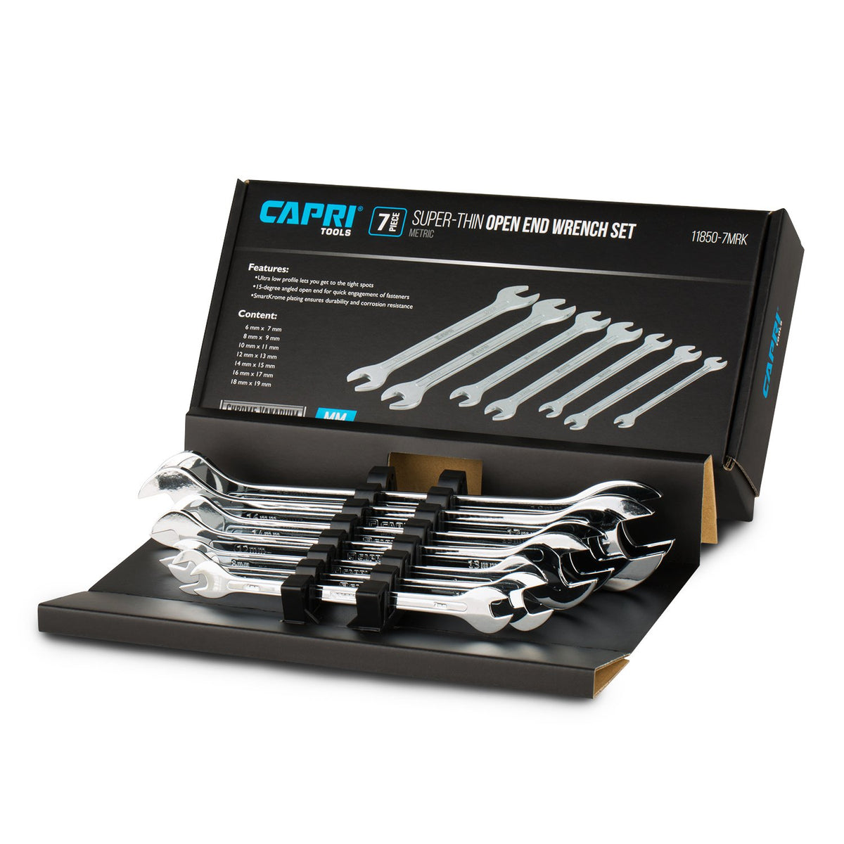 Capri Tools Super-Thin Open End Wrench Set closeup shows ultra-thin profile ideal for tight spaces.