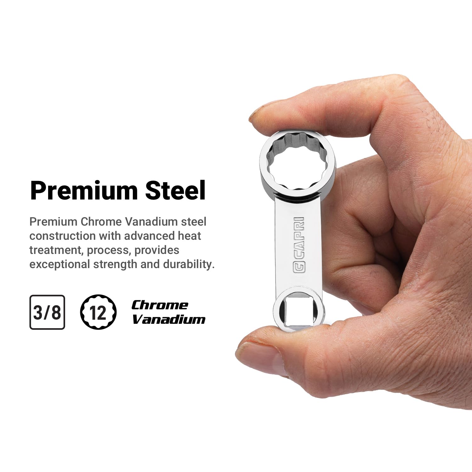 Capri Tools 12-point box end offers versatile angles for tight spaces.