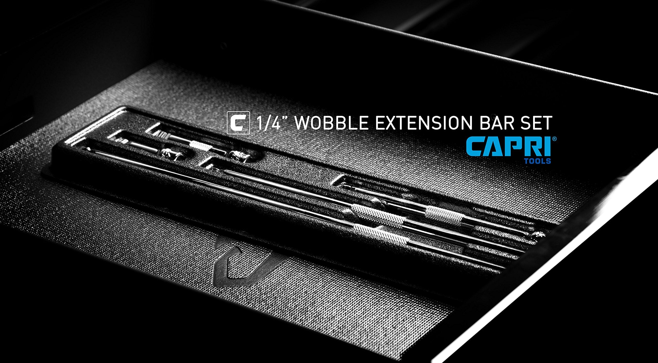 Capri Tools wobble extension set close-up shows chrome finish and knurled grip.