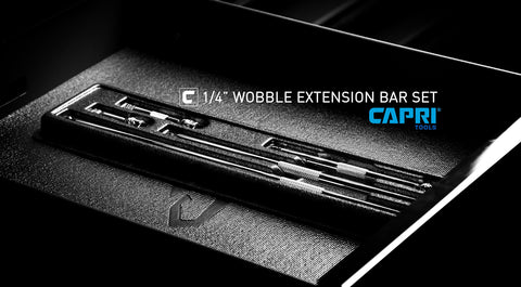 Capri Tools wobble extension set close-up shows chrome finish and knurled grip.