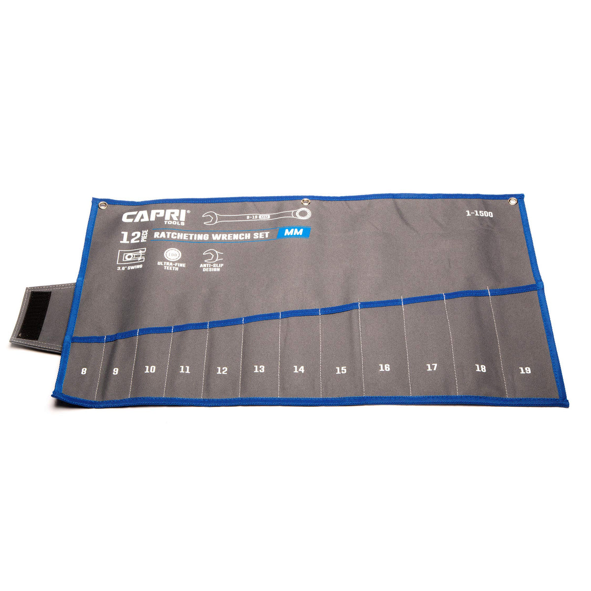 Capri Tools wrench roll with 12 pockets keeps metric wrenches organized for quick access