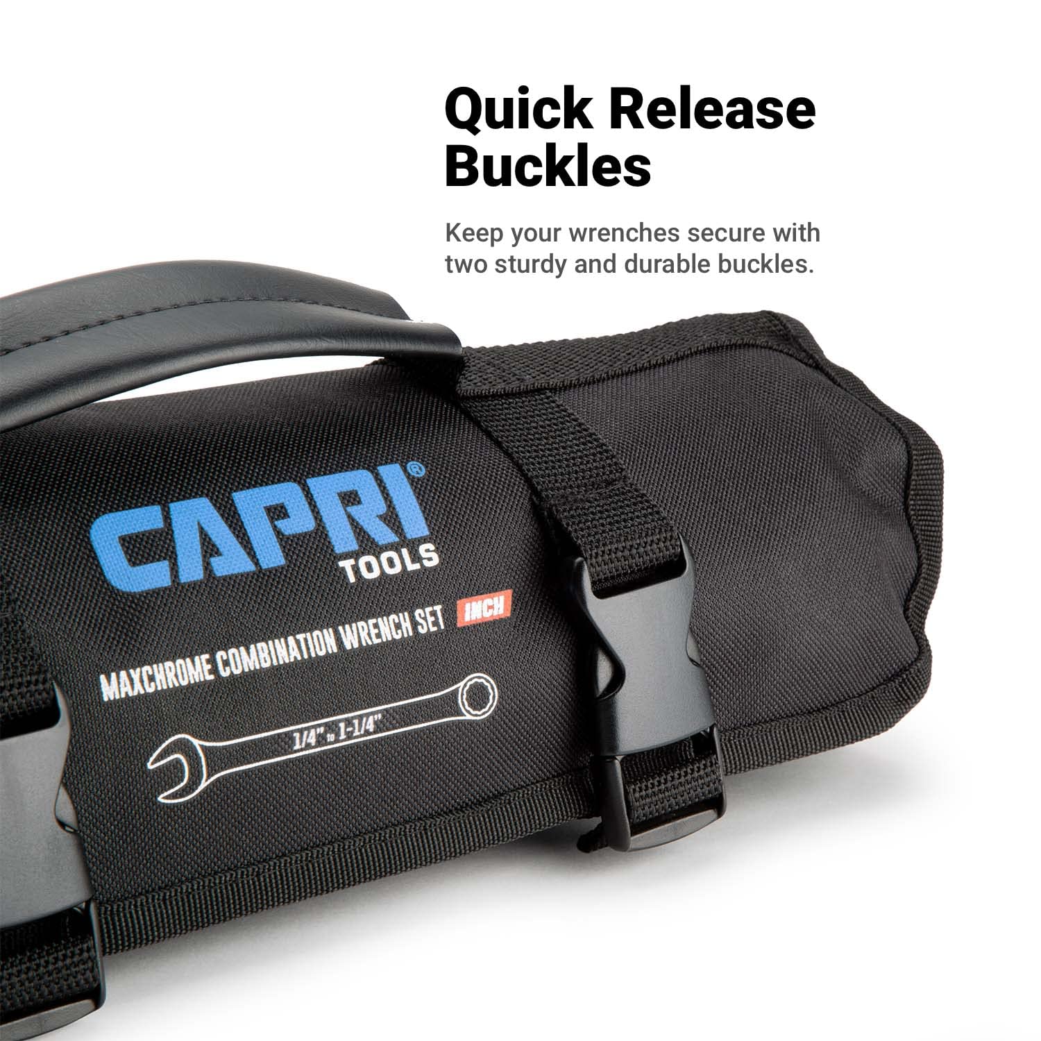 Capri Tools heavy-duty canvas roll-up emphasizes durability and moisture-free storage.