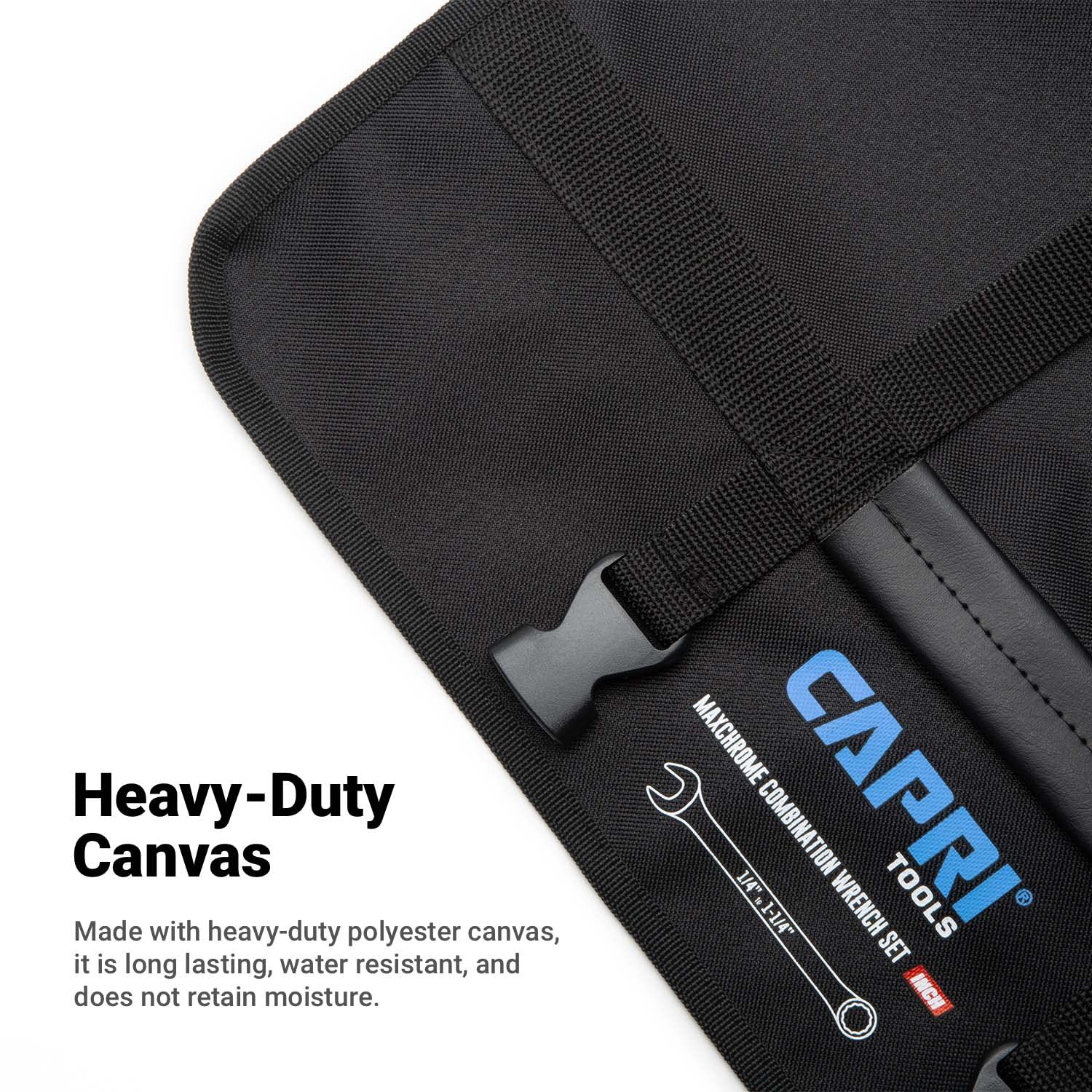 Capri Tools wrench roll-up pouch keeps SAE wrenches neatly organized.