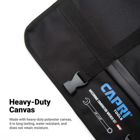 Capri Tools wrench roll-up pouch keeps SAE wrenches neatly organized.