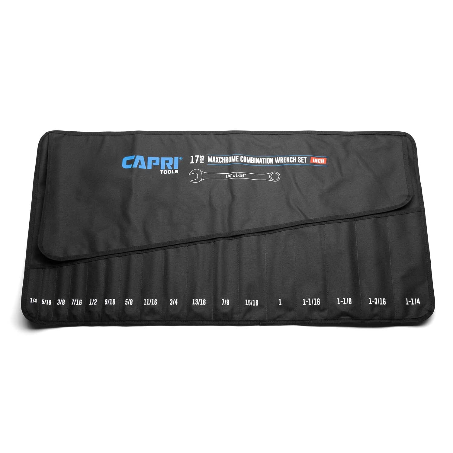 Capri Tools wrench roll-up pouch open with 17 pockets for quick wrench access.