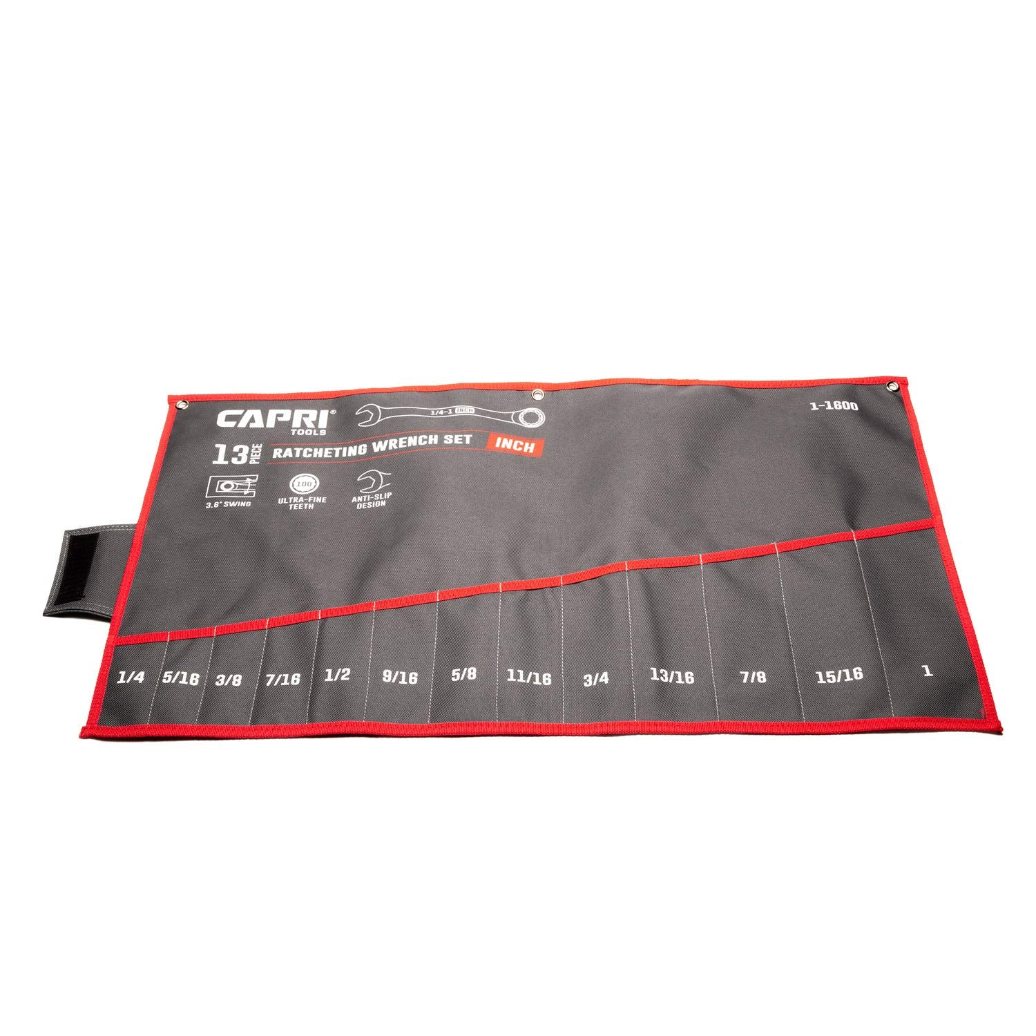 Capri Tools wrench roll-up pouch with 13 pockets keeps wrenches organized on the job.
