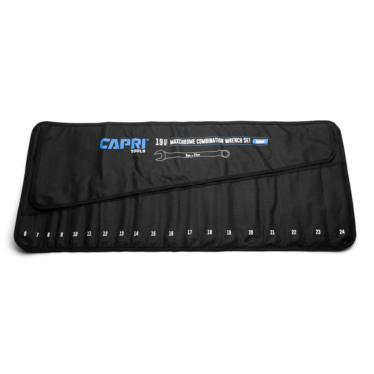 Capri Tools wrench roll-up pouch with 19 labeled pockets for organized storage