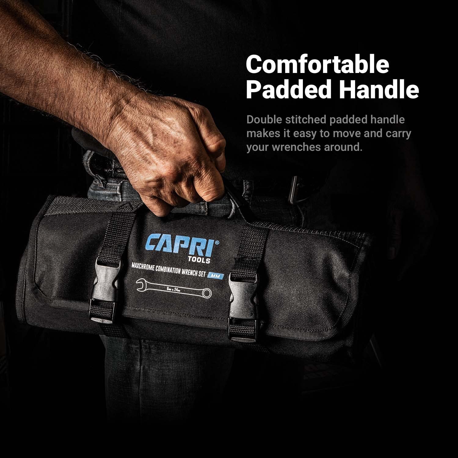 Capri Tools wrench roll-up pouch rolled up for compact storage
