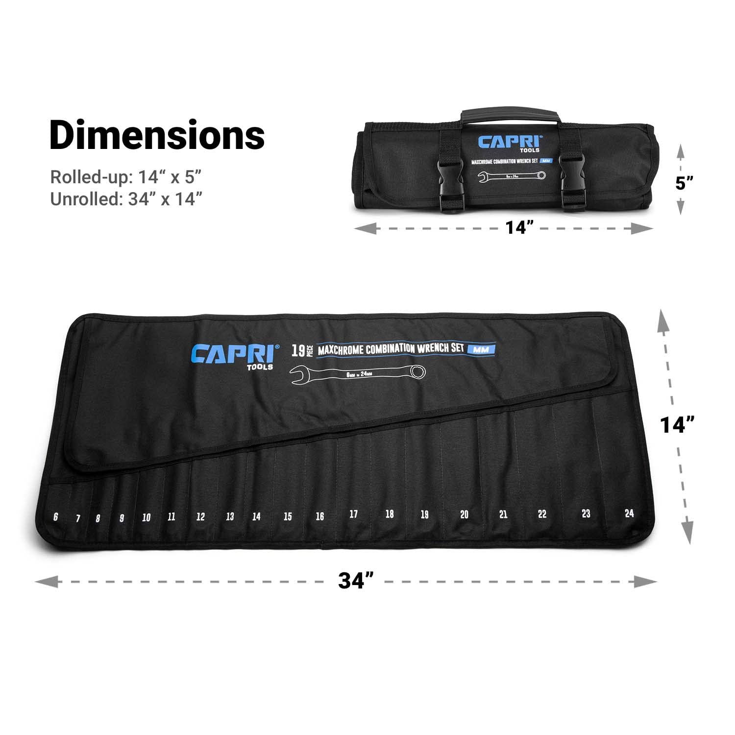 Capri Tools wrench roll-up pouch laid flat with wrenches organized