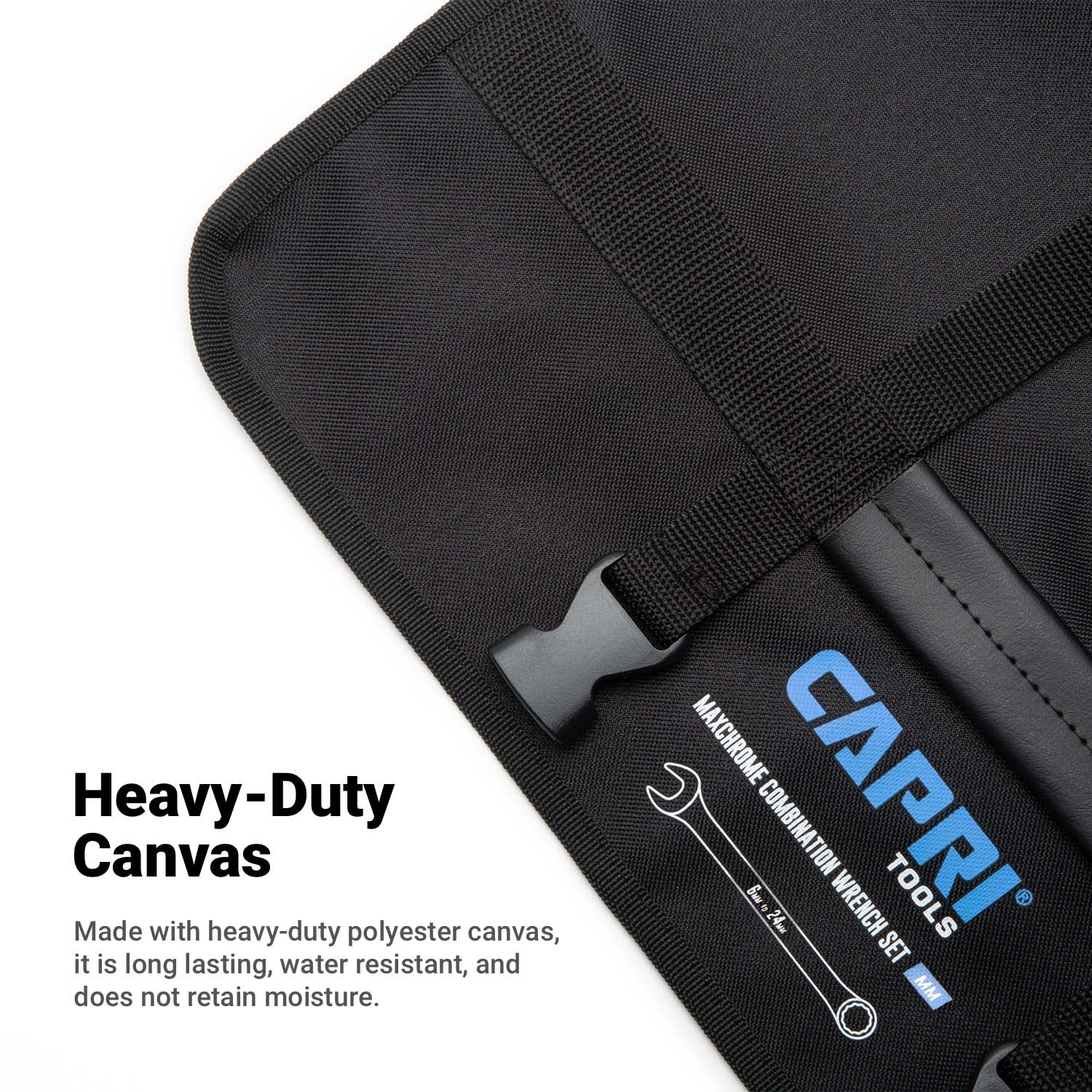 Capri Tools wrench roll-up pouch with quick-release buckles for fast access
