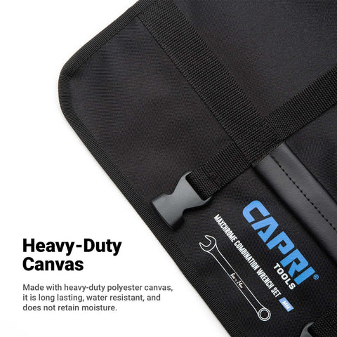 Capri Tools wrench roll-up pouch with quick-release buckles for fast access