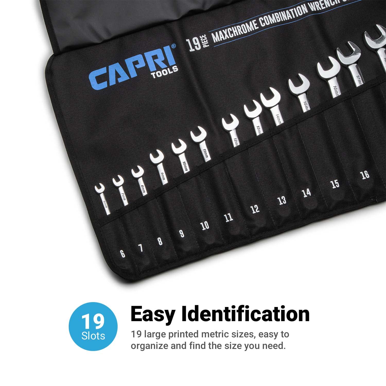 Capri Tools wrench roll-up pouch features water-resistant fabric protects contents
