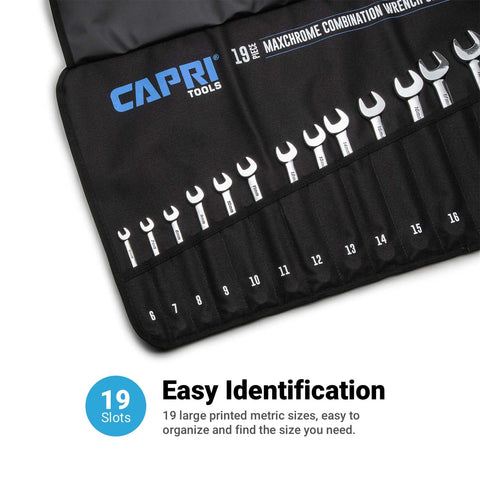 Capri Tools wrench roll-up pouch features water-resistant fabric protects contents