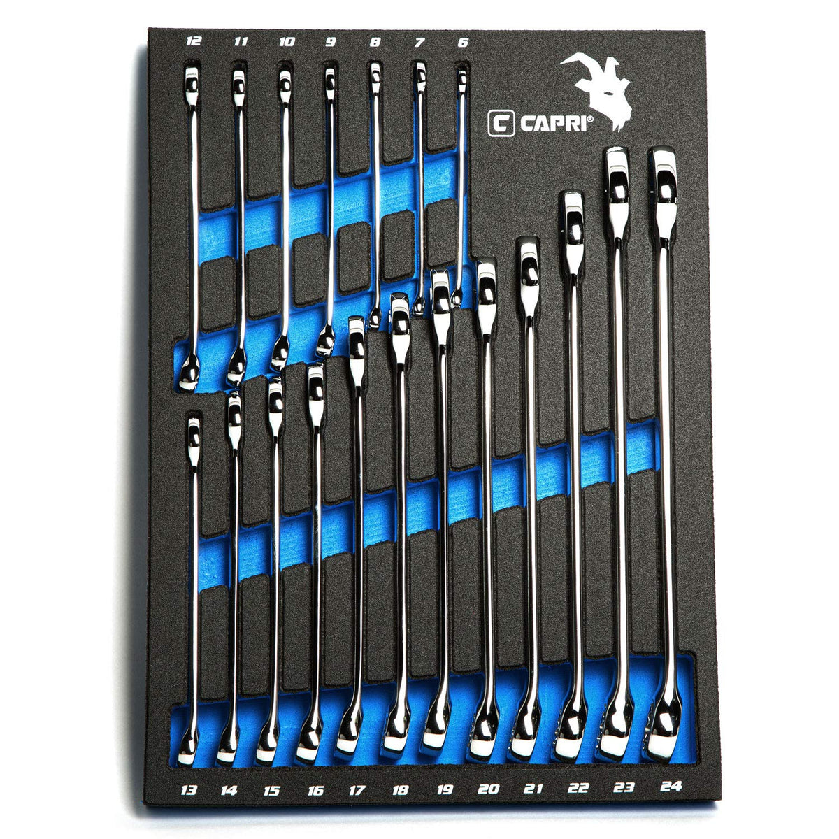 Capri Tools 19-piece metric wrench set with mechanics tray for organized shop use