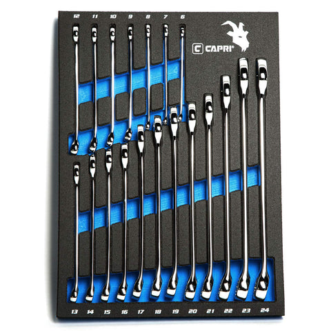 Capri Tools 19-piece metric wrench set with mechanics tray for organized shop use