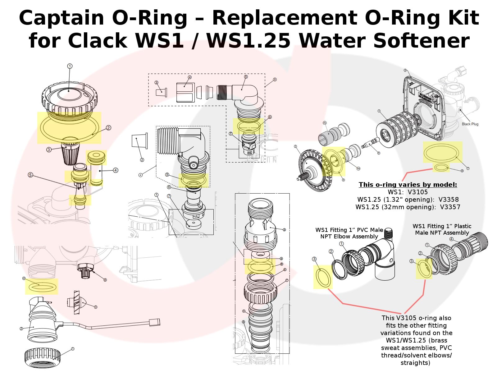 Captain O-Ring WS1 bypass valve parts display multiple seals for easy repair.